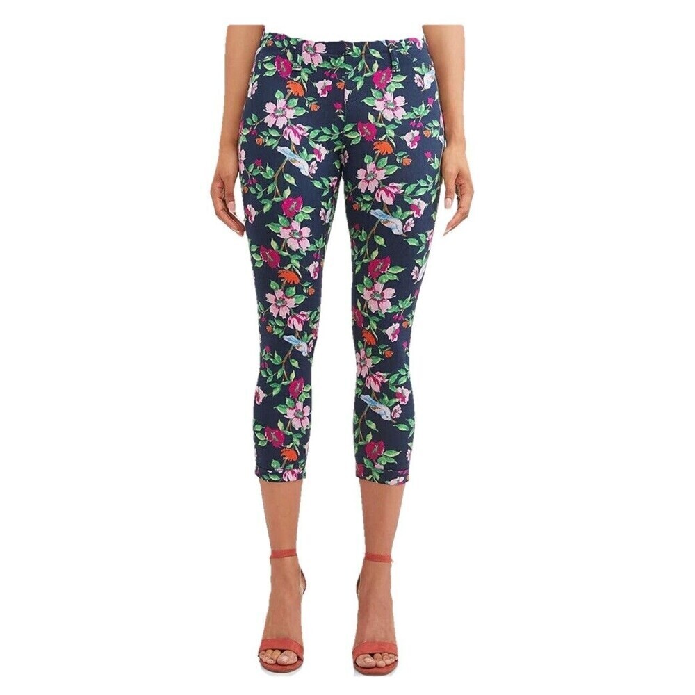 Time And Tru Womens Crop Pants Medium Floral Bird Print Pull On Stretch